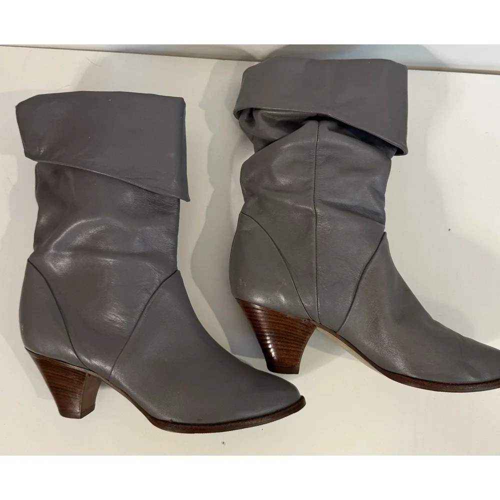 Vintage Gray Leather Slouch Fold Over Mid Calf Boots Pointed Toe Women's 7.5